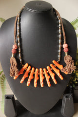 Orange Abstract Shape Acrylic Beads Necklace Braided with Metal Beads