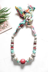Silver Finish Metal and Wooden Circular Beads Vibrant Fabric Closure Necklace