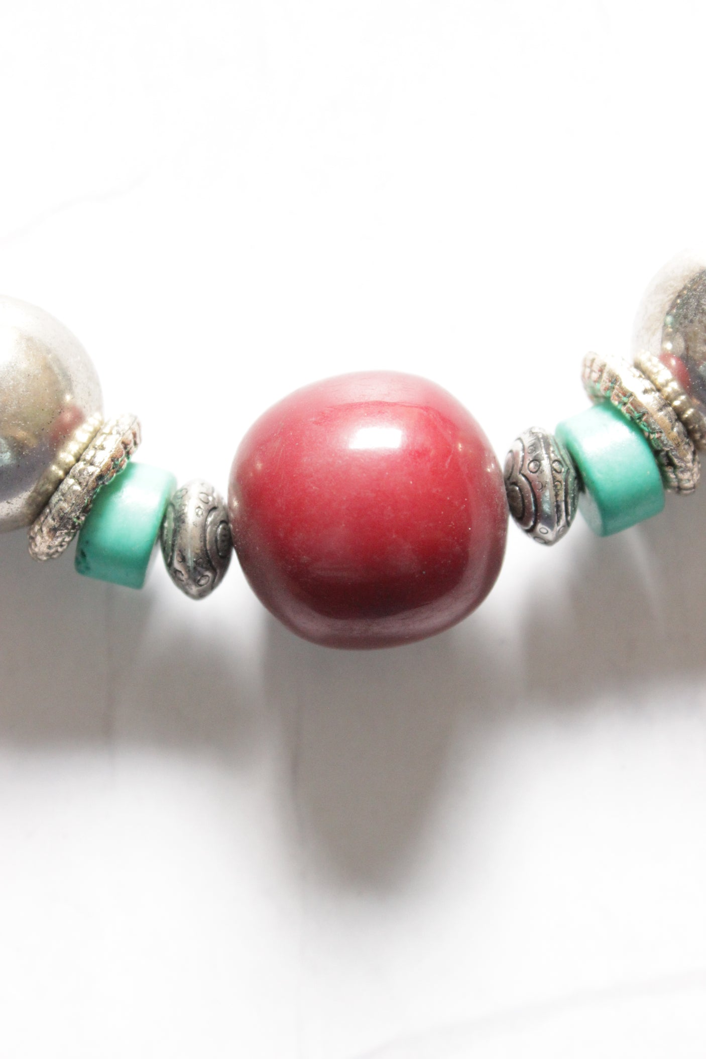 Silver Finish Metal and Wooden Circular Beads Vibrant Fabric Closure Necklace