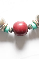 Silver Finish Metal and Wooden Circular Beads Vibrant Fabric Closure Necklace