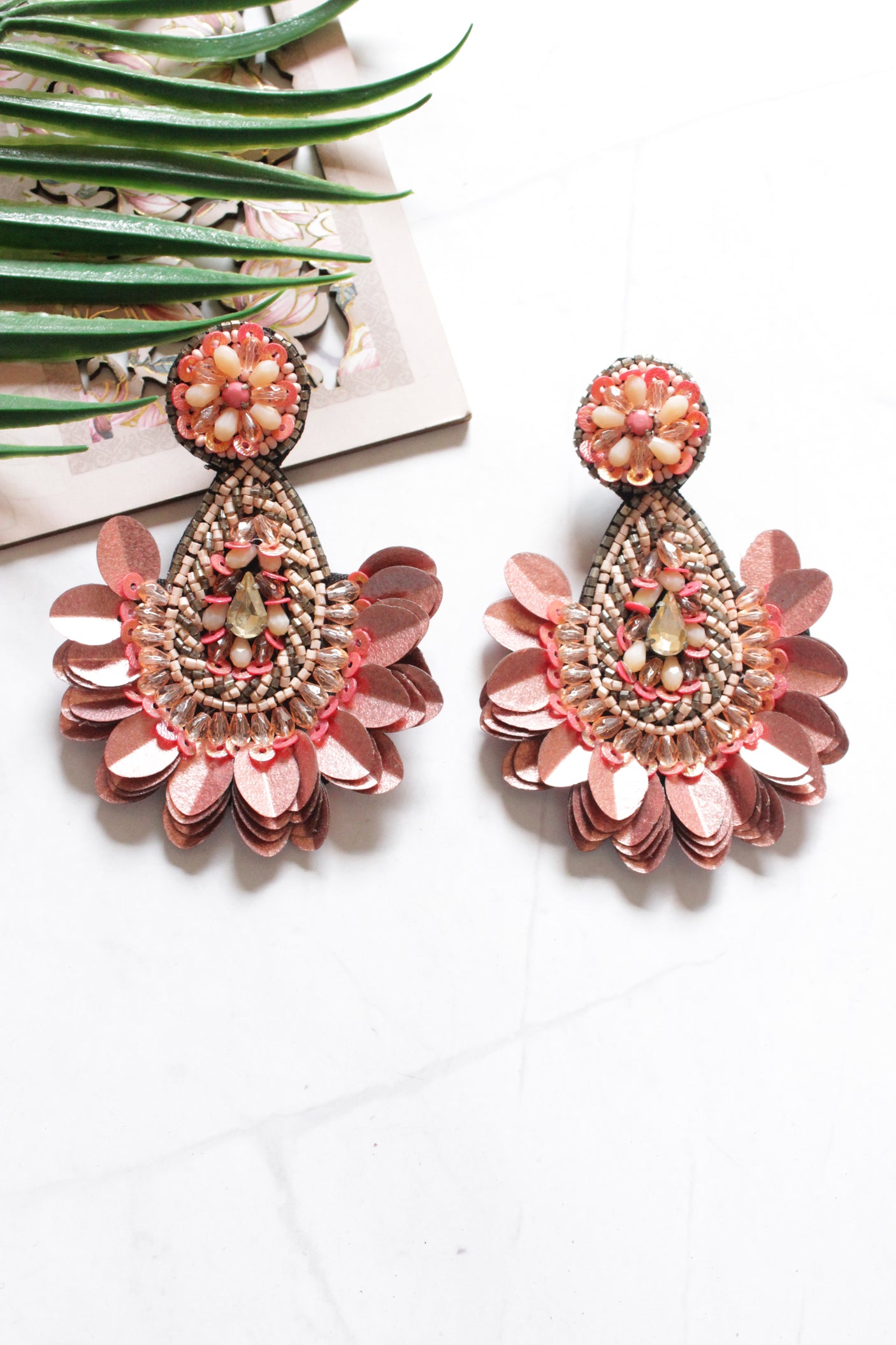 Beads and Metal Rose Pink Shaded Tear Drop Earrings