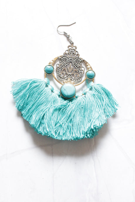 Metal and Blue Fabric Threads Elaborate Earrings