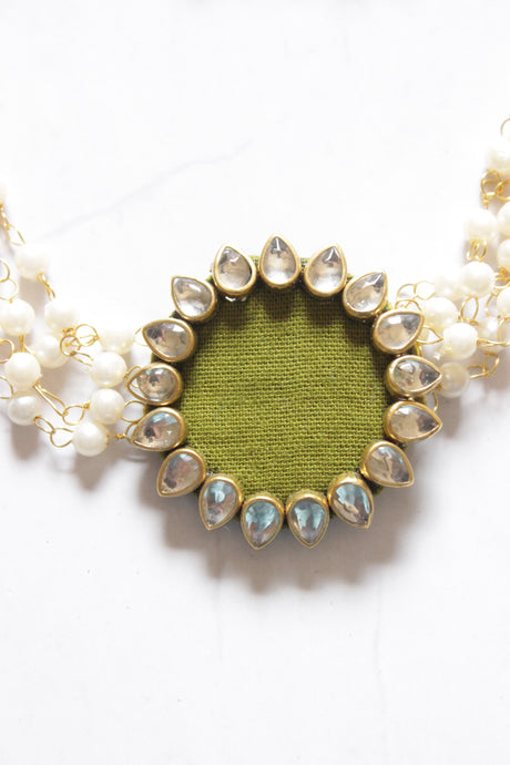 Fabric and Kundan Work Pendant with Bead Chains and Statement Earrings Choker Necklace