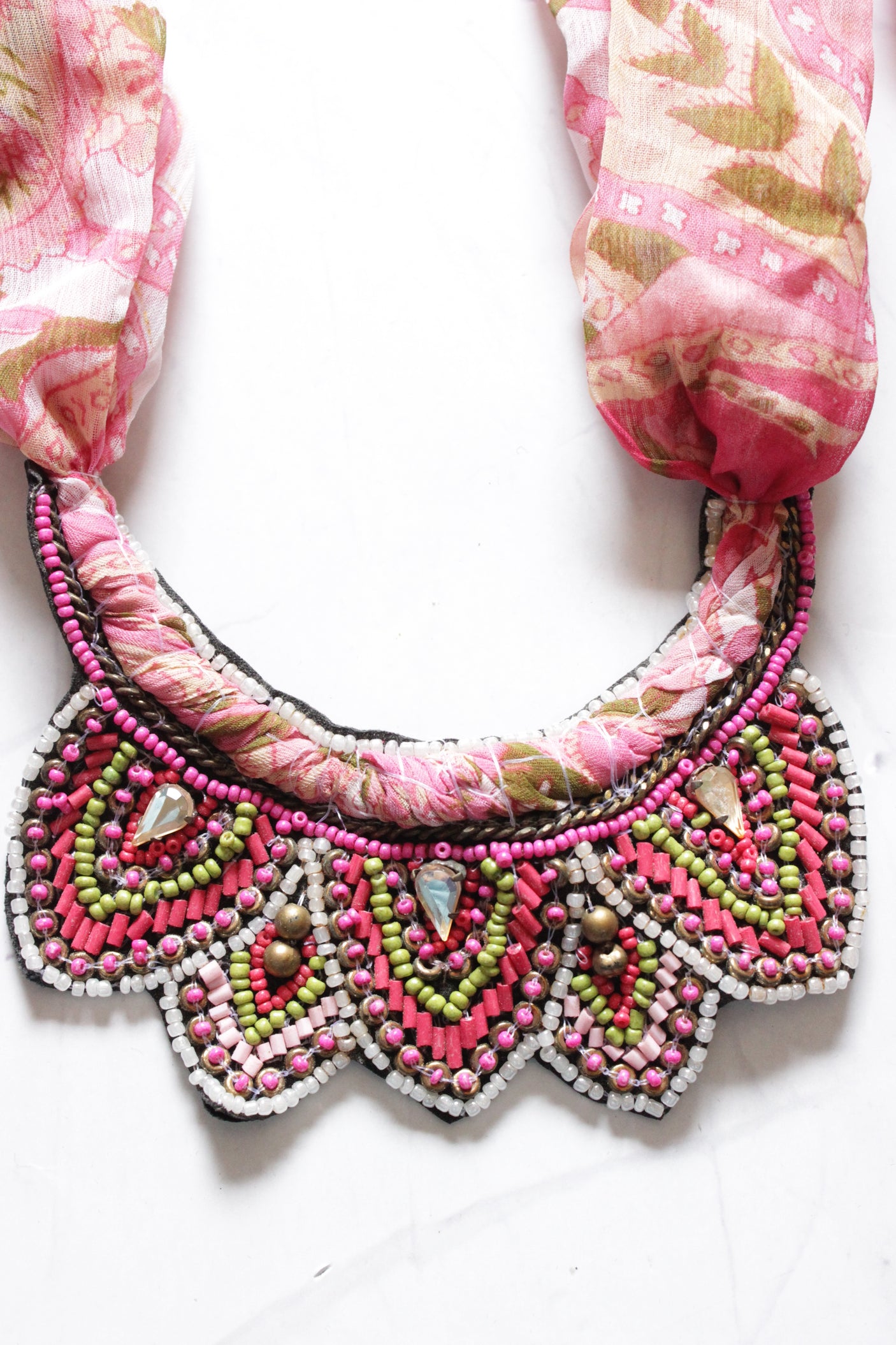 Shades of Pink Beads Semi Circular Handmade Necklace with Fabric Scarf Closure