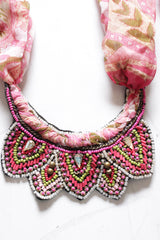 Shades of Pink Beads Semi Circular Handmade Necklace with Fabric Scarf Closure