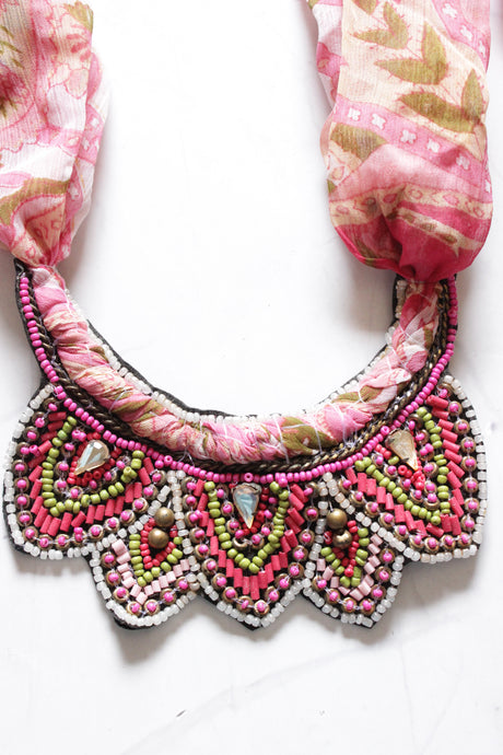Shades of Pink Beads Semi Circular Handmade Necklace with Fabric Scarf Closure