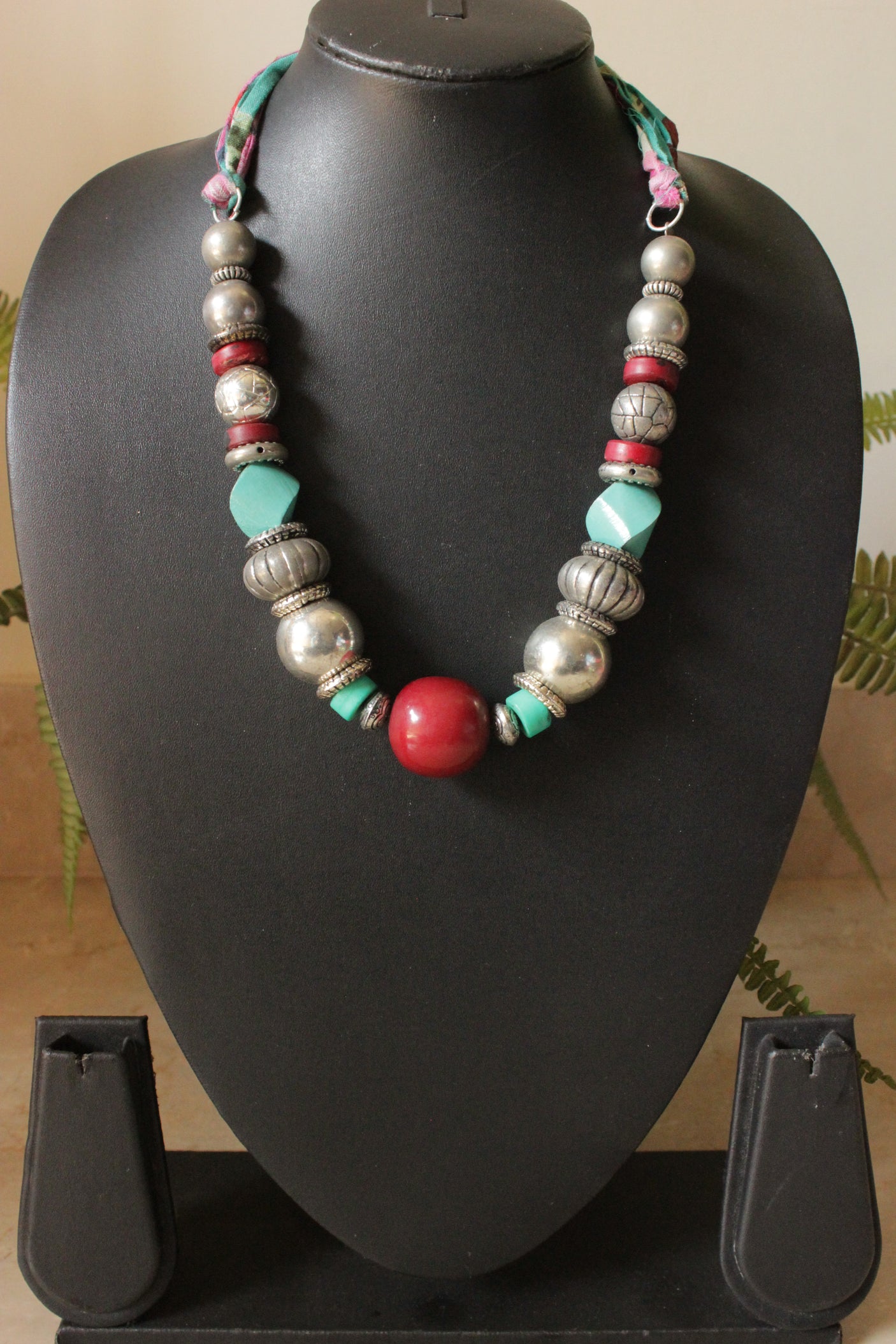 Silver Finish Metal and Wooden Circular Beads Vibrant Fabric Closure Necklace