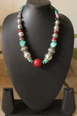 Silver Finish Metal and Wooden Circular Beads Vibrant Fabric Closure Necklace