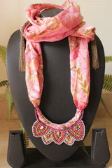 Shades of Pink Beads Semi Circular Handmade Necklace with Fabric Scarf Closure