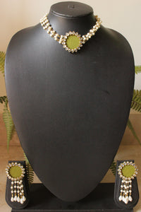 Fabric and Kundan Work Pendant with Bead Chains and Statement Earrings Choker Necklace