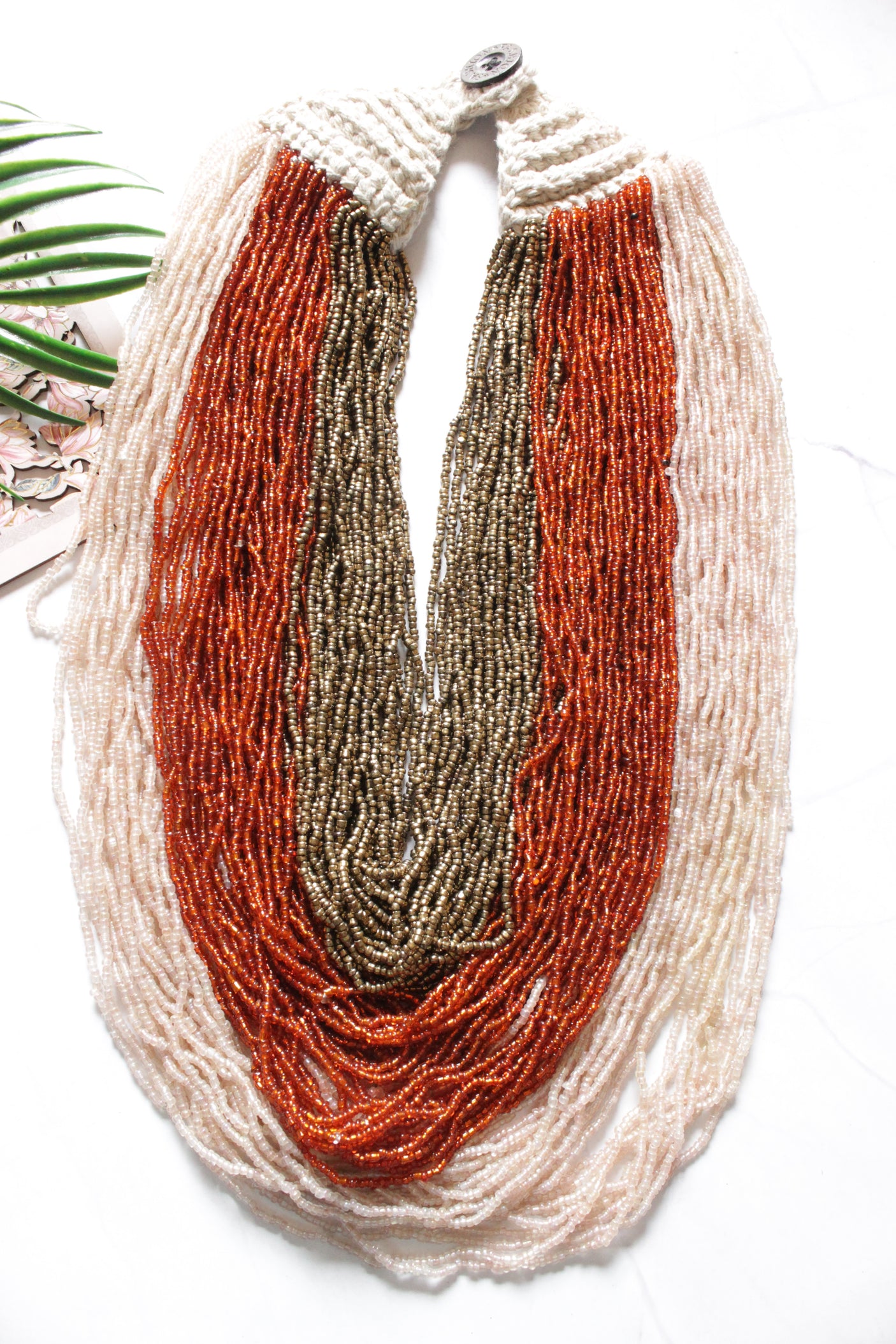 Bronze, Orange and Ivory Multi-Layer Hand Braided Necklace with Button Closure