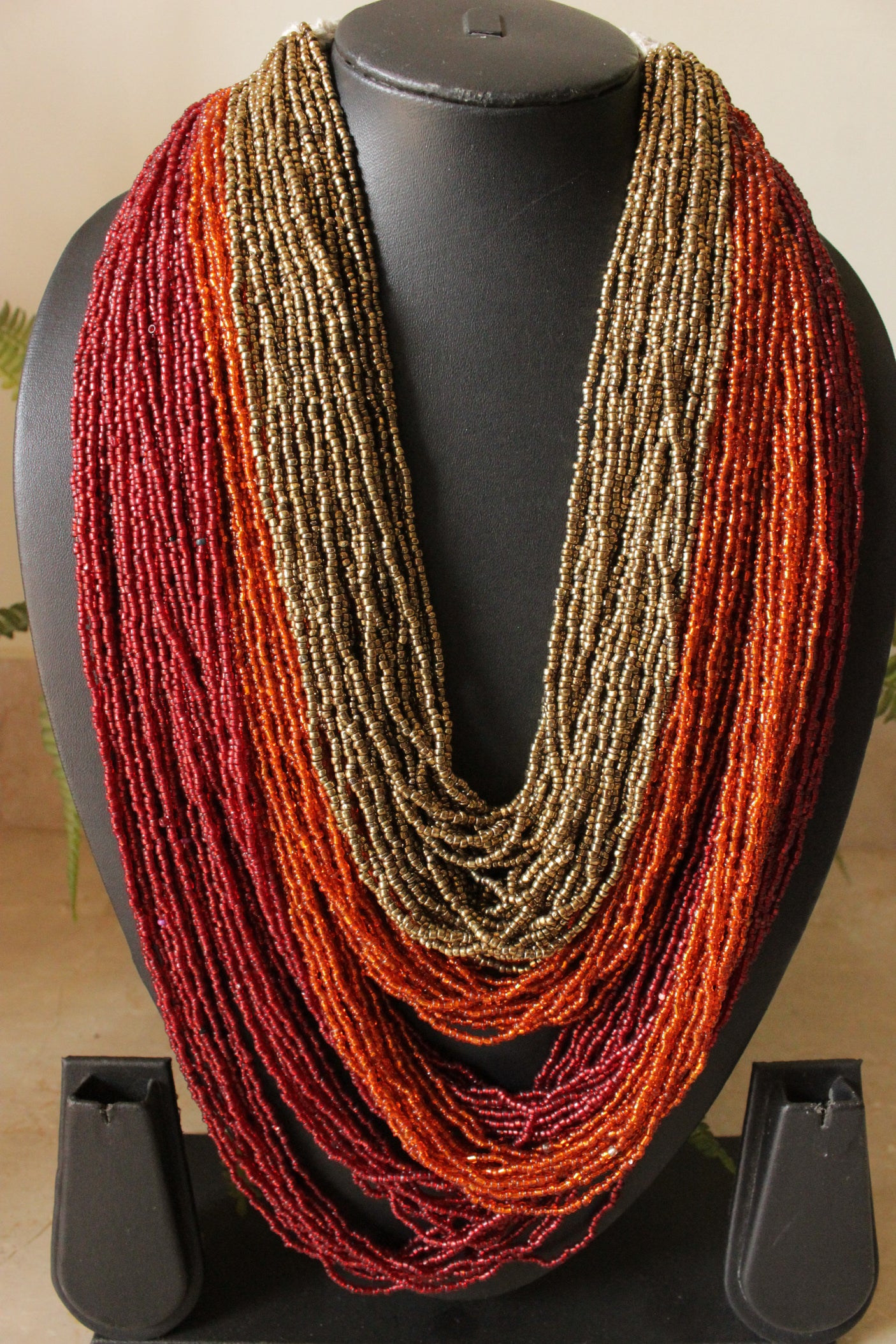 Bronze, Orange and Red Multi-Layer Hand Braided Necklace with Button Closure