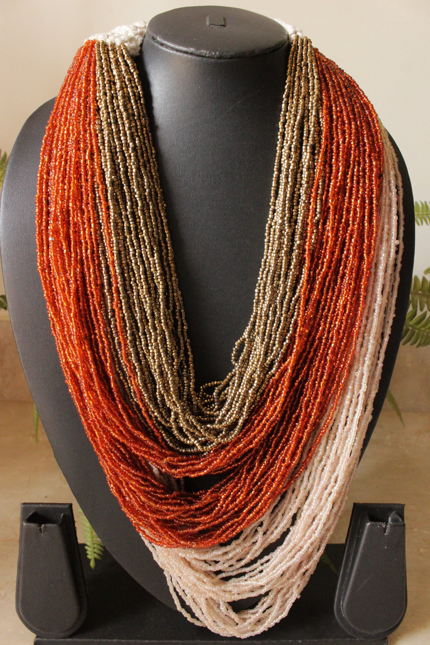 Bronze, Orange and Ivory Multi-Layer Hand Braided Necklace with Button Closure