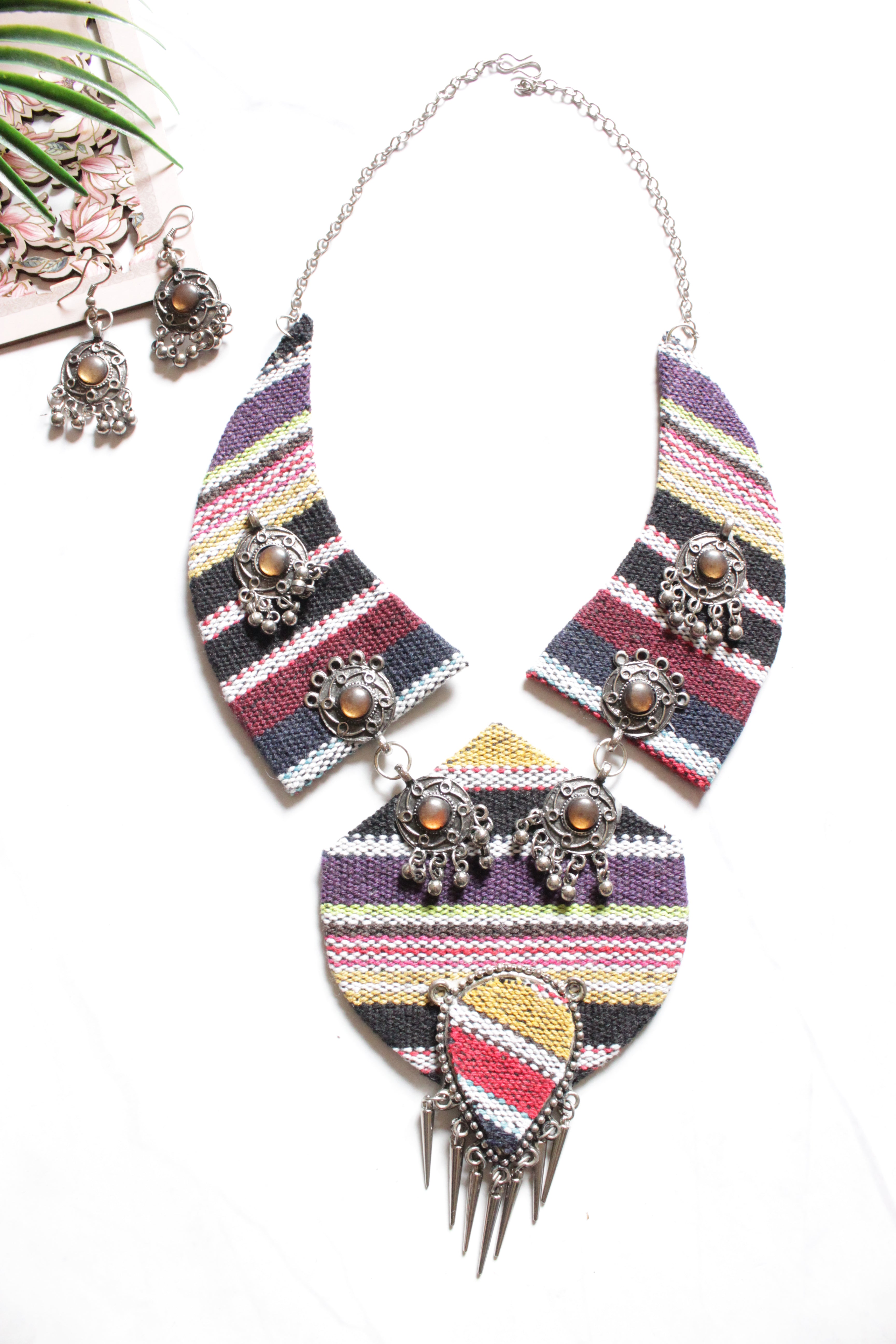 Jute Tribal Fabric Necklace Set Embellished with Oxidised Silver Metal Charms