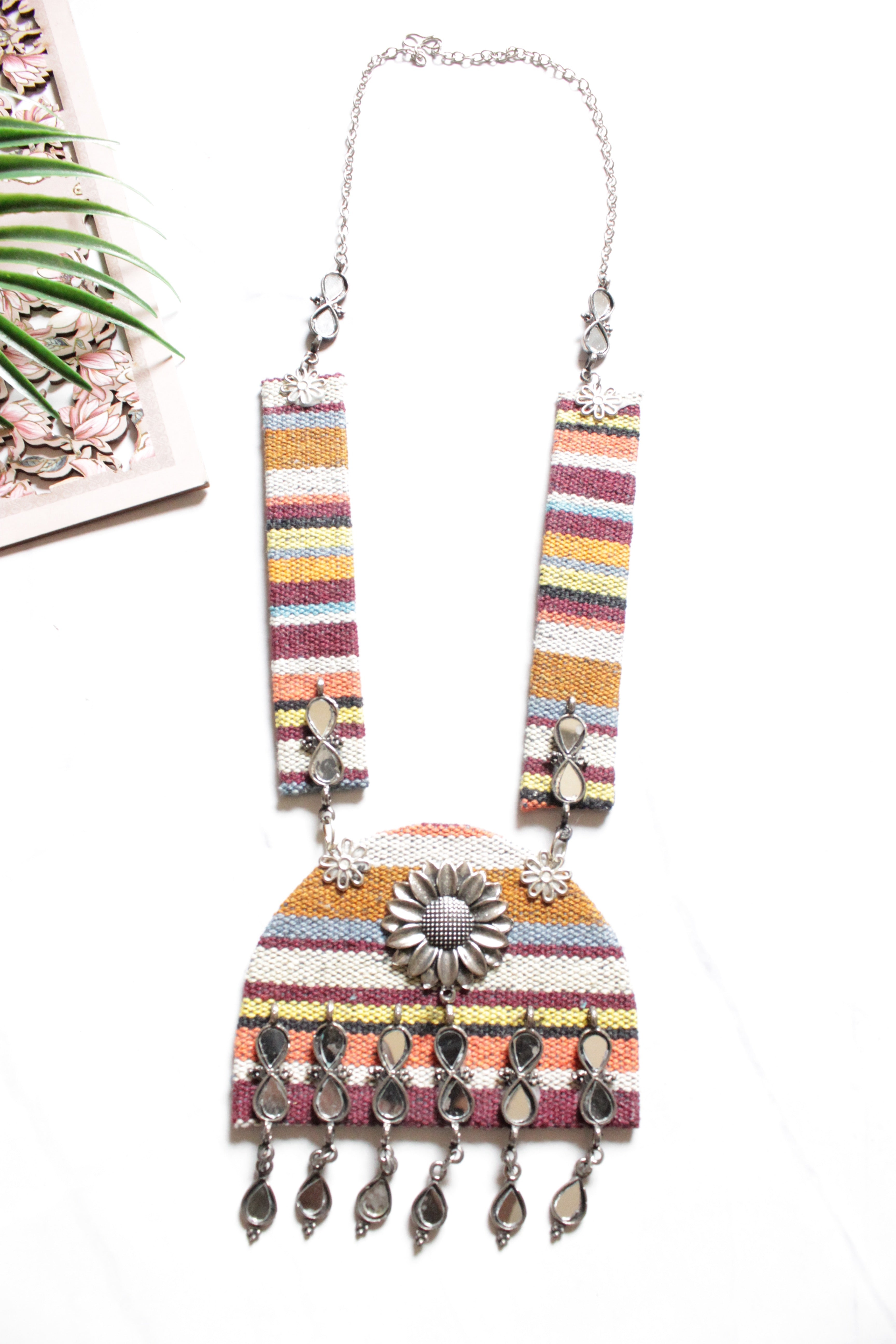 Jute Tribal Fabric Long Necklace Embellished with Oxidised Silver Metal Charms and Mirrors