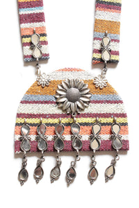 Jute Tribal Fabric Long Necklace Embellished with Oxidised Silver Metal Charms and Mirrors