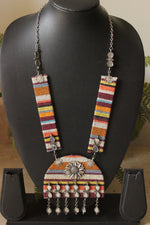 Load image into Gallery viewer, Jute Tribal Fabric Long Necklace Embellished with Oxidised Silver Metal Charms and Mirrors
