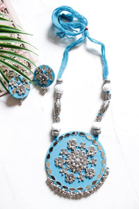 Mirror Work and Flower Metal Accents Embellished Blue Fabric Necklace Set