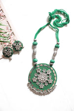 Load image into Gallery viewer, Mirror Work and Flower Metal Accents Embellished Green Fabric Necklace Set
