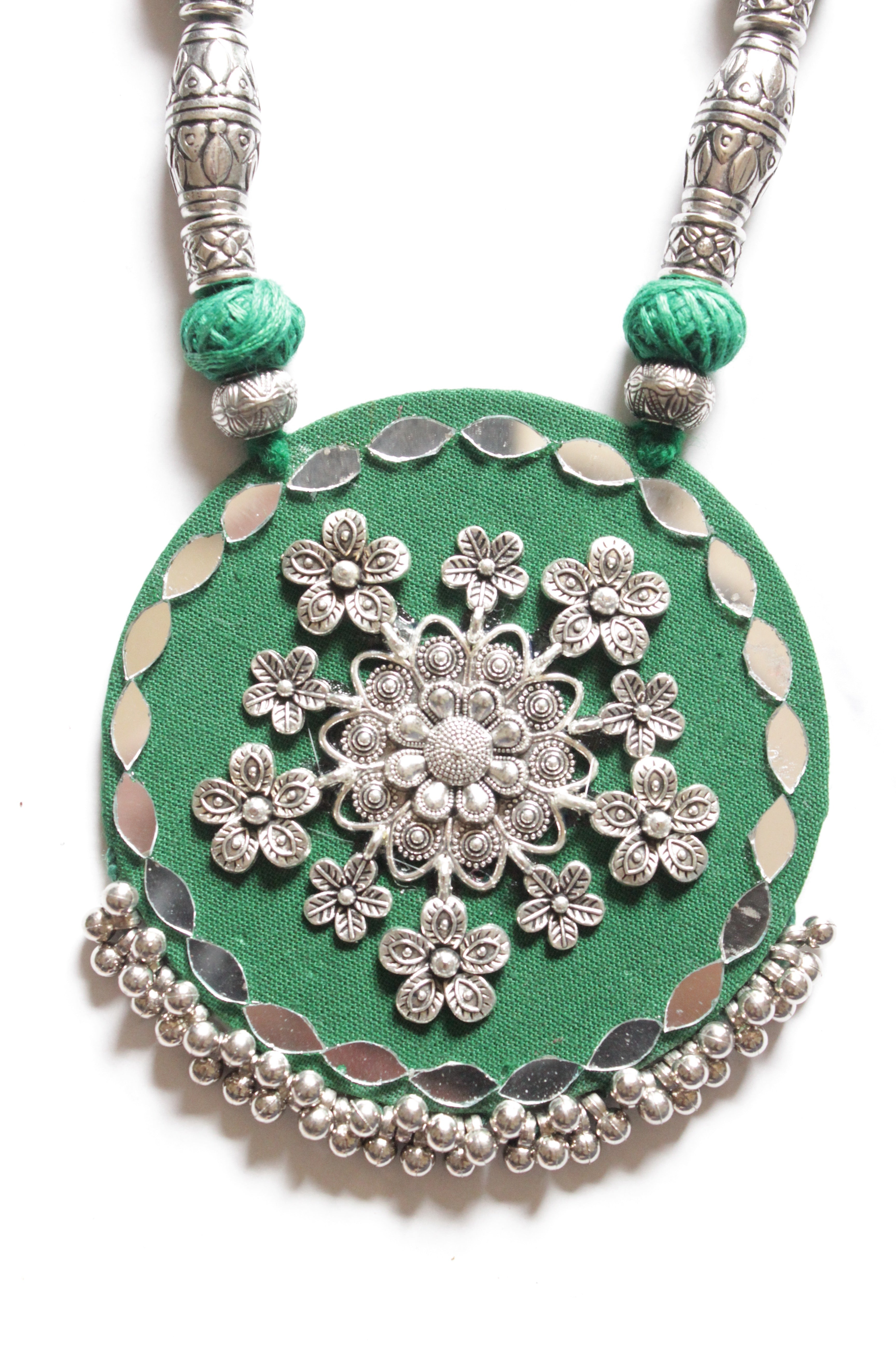 Mirror Work and Flower Metal Accents Embellished Green Fabric Necklace Set