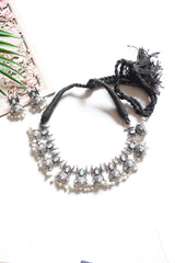 Oxidised Finish Choker Necklace Set Embedded with Turquoise Stones and Jhumka Earrings