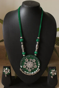 Mirror Work and Flower Metal Accents Embellished Green Fabric Necklace Set