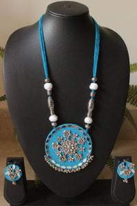 Mirror Work and Flower Metal Accents Embellished Blue Fabric Necklace Set