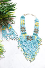 Sea Blue and Yellow Hand Braided Beads Collar Necklace