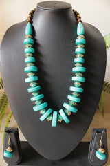 Blue Acrylic Beads Gold Metal Accents Necklace Set