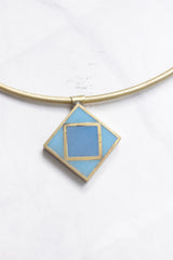 Gold Finish Metal Hasli with a Petite Wooden Blue Hand Painted Pendant