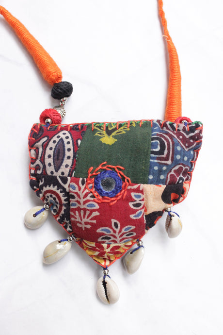 Patch Work Cross-Stitch Hand Embroidered Fabric Necklace with Adjustable Length