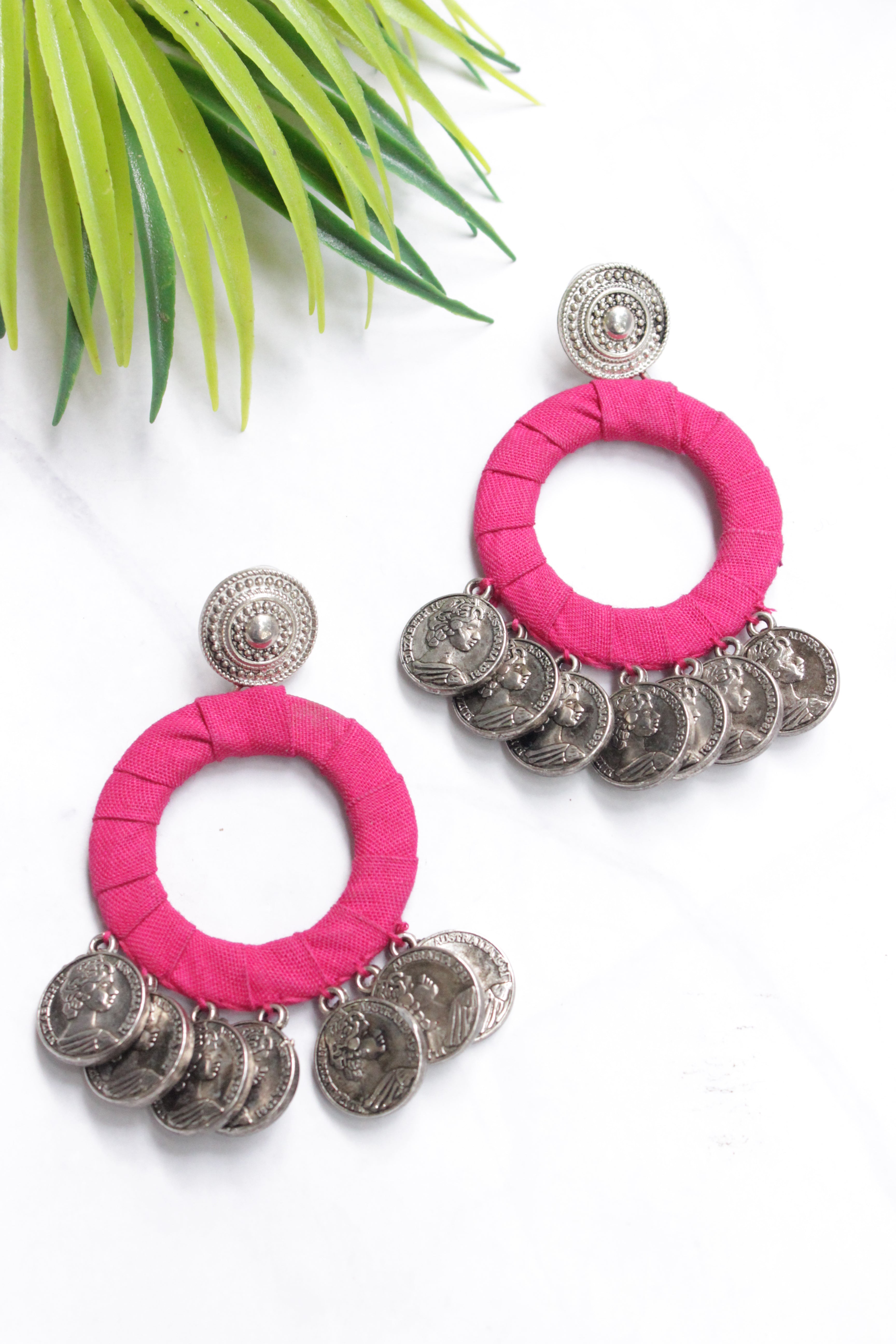 Stamped Metal Charms Embellished Fuchsia Fabric Earrings
