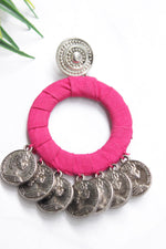 Load image into Gallery viewer, Stamped Metal Charms Embellished Fuchsia Fabric Earrings
