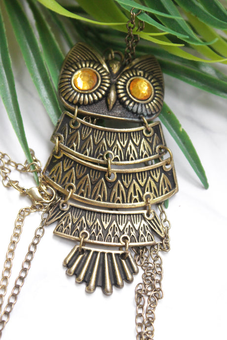 Bronze Finish Owl Pendant Long Chain Necklace