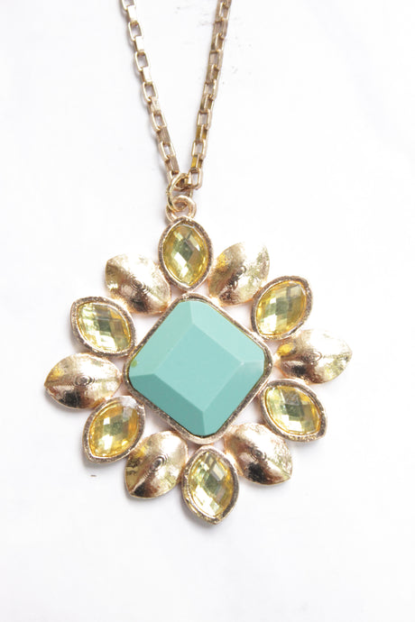 Turquoise Centerpiece Gold Toned Long Chain Necklace