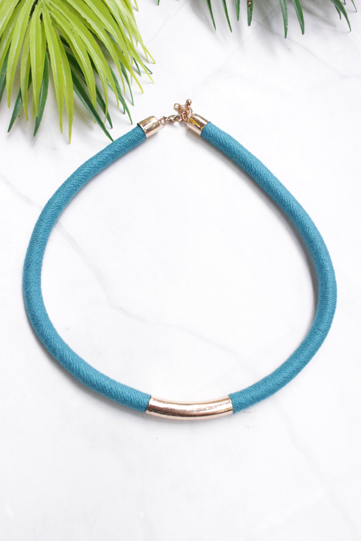Metal Hasli Choker Necklace Braided with Blue Threads
