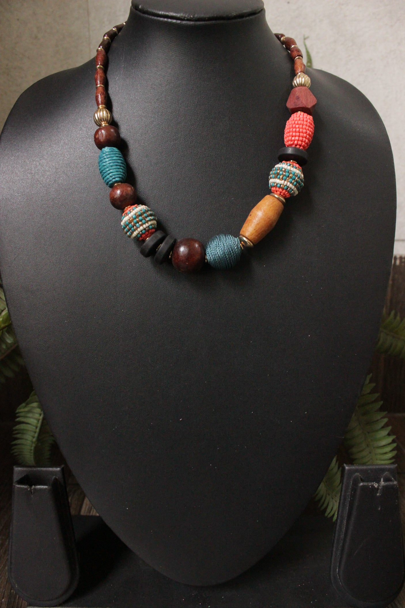 Abstract Shape Wooden Beads Hand Beaded  Necklace