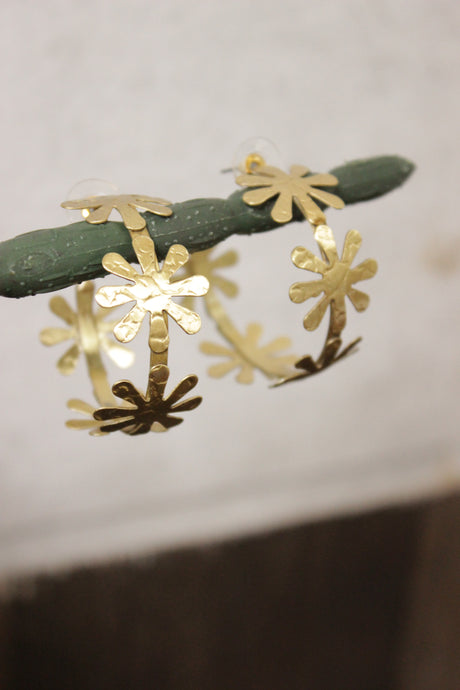 Gold Toned Flower Shaped Circular Dangler Earrings