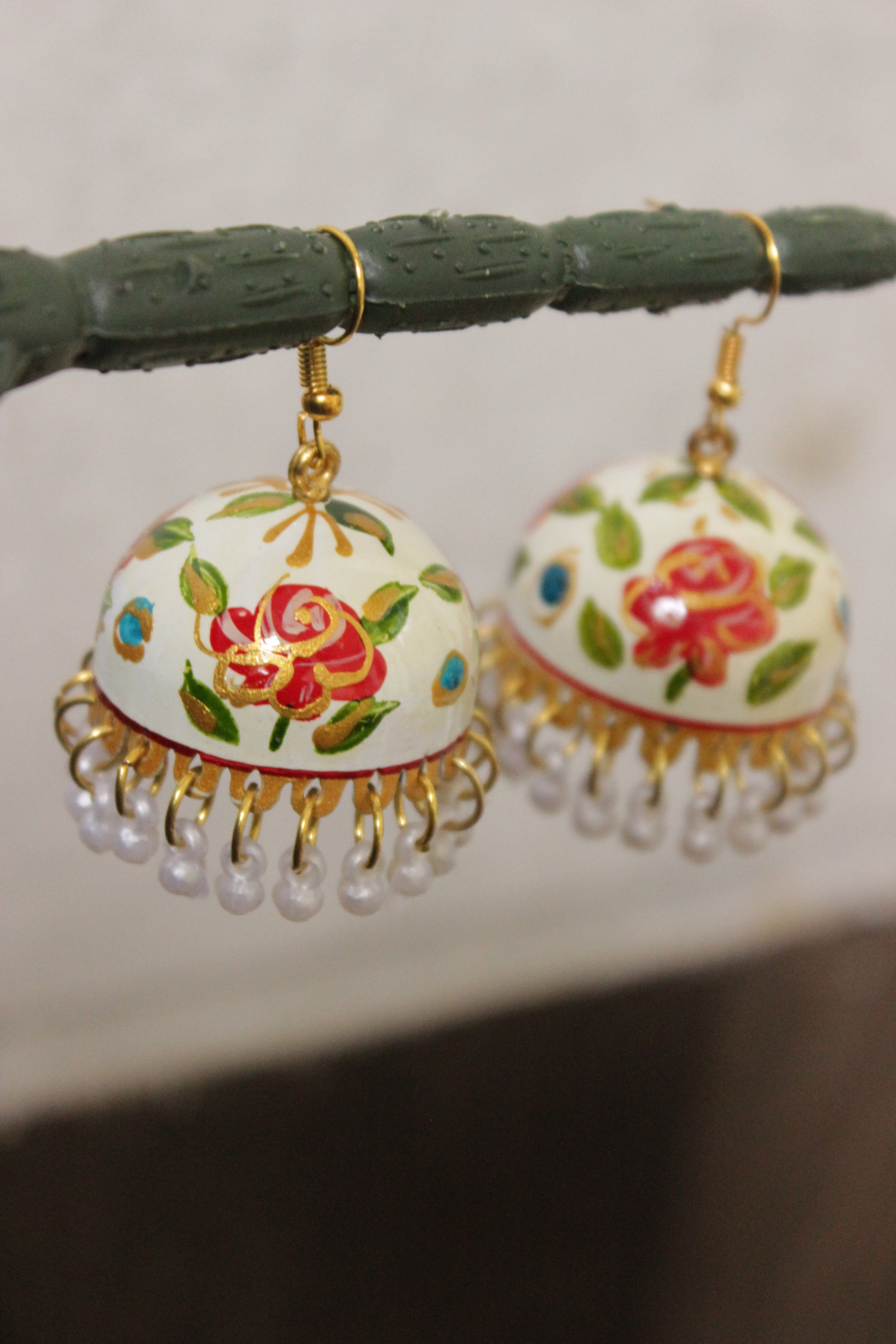 Hand Painted Flowers Meenakari Work Jhumka Earrings with Hints of Gold