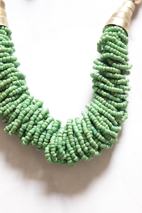 Set of 3 - Necklace, Earrings and Bracelet Sea Green Hand Braided Beads with Gold Accents