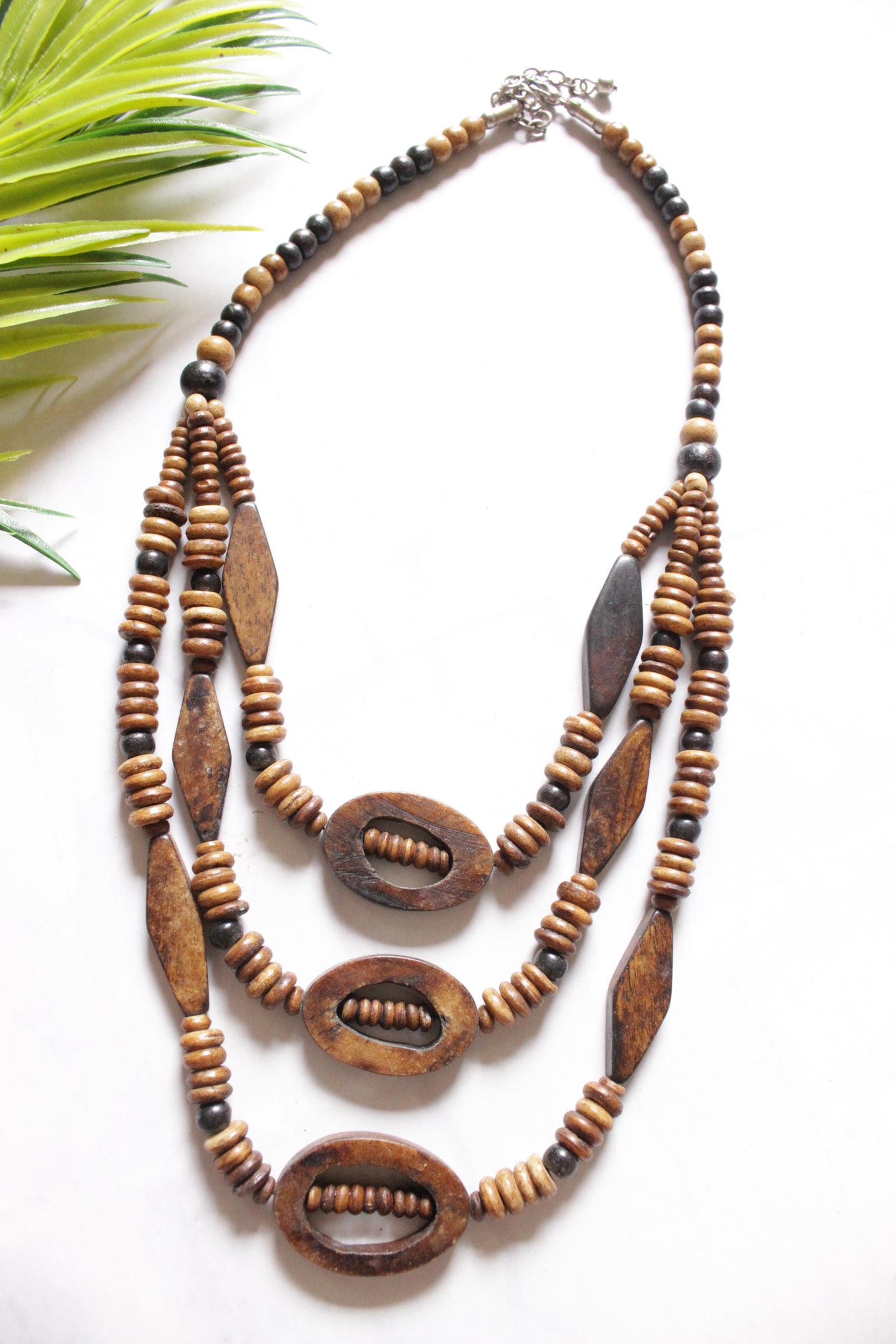 Light Brown and Dark Brown Wooden Beads 3 Layer Necklace