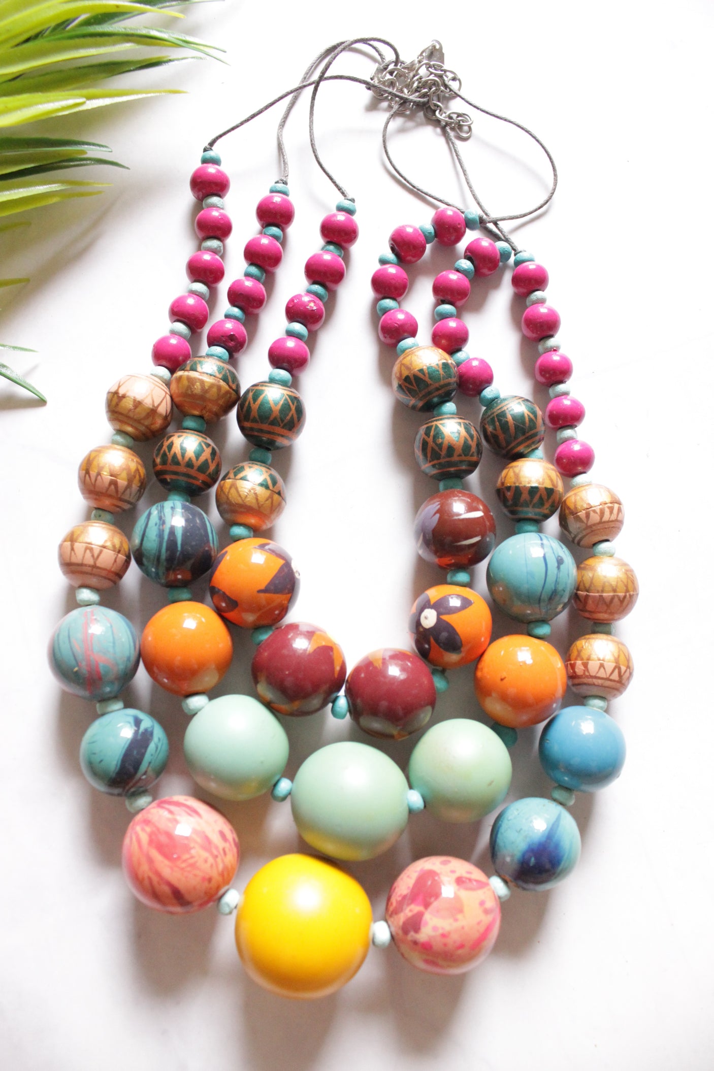Multi-Color Handpainted Vibrant Wooden Beads 3 Layer Chain Closure Necklace