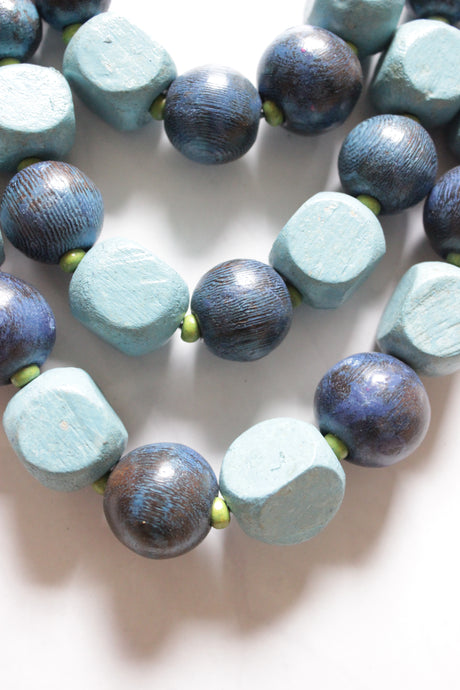 Shades of Blue and Green Wooden Beads 3 Layer Chain Closure Necklace