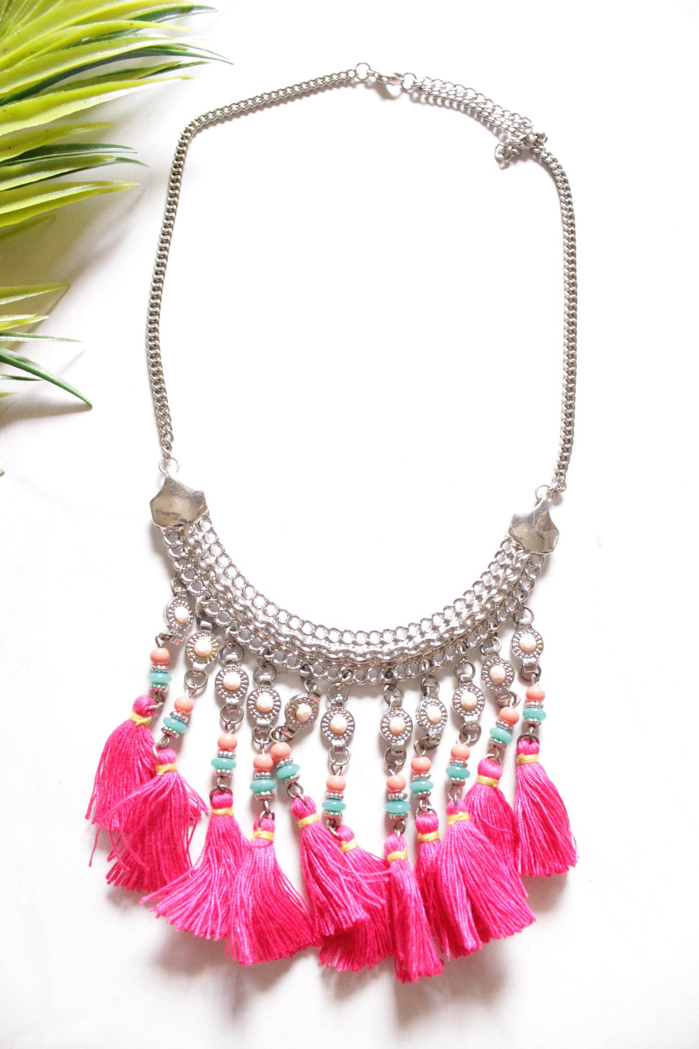 Metal Chain Necklace Embellished with Colourful Beads and Pom Poms
