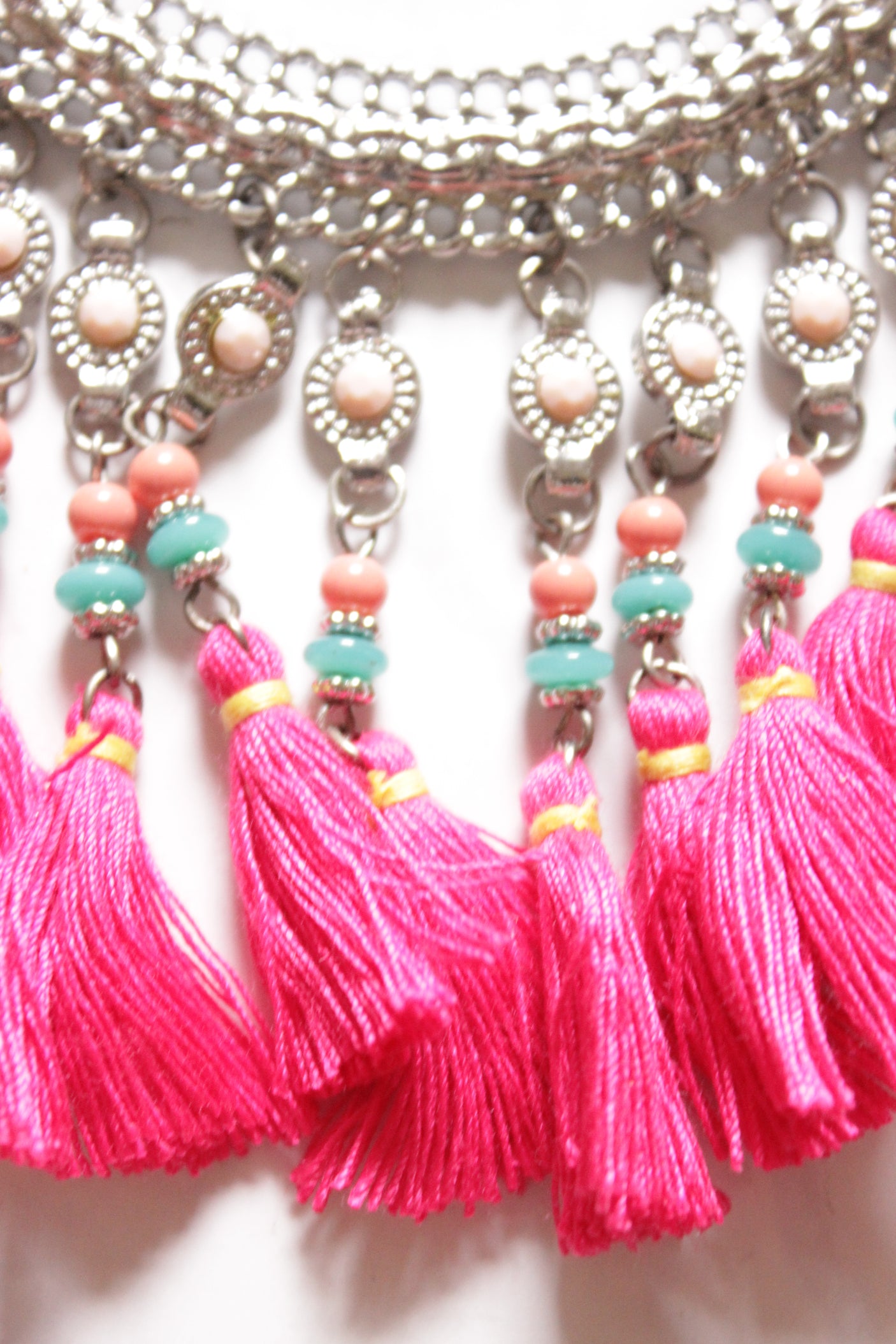 Metal Chain Necklace Embellished with Colourful Beads and Pom Poms
