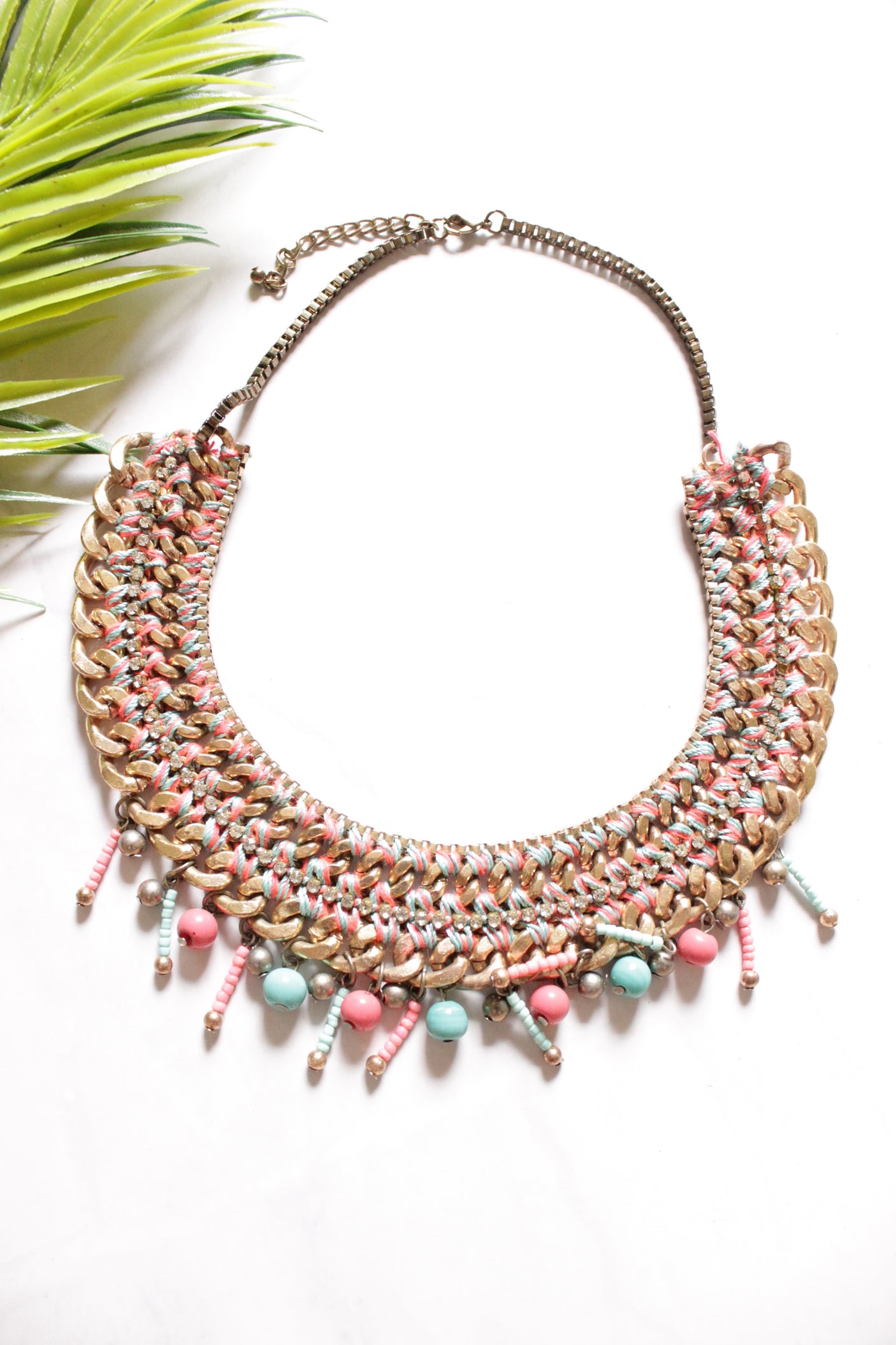 Braided Metal Chains Fabric Threads and Beads Handmade Boho Necklace