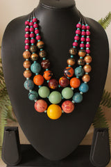 Multi-Color Handpainted Vibrant Wooden Beads 3 Layer Chain Closure Necklace