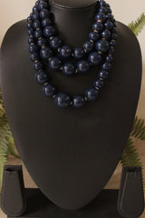 Blue Wooden Beads 3 Layer Chain Closure Necklace