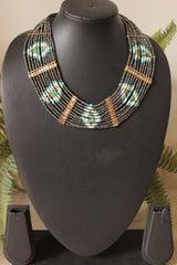 Black and Sky Blue Glass Beads Hand Braided Necklace