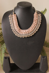 Peach Fabric Threads Braided with Metal Accents Handmade Necklace